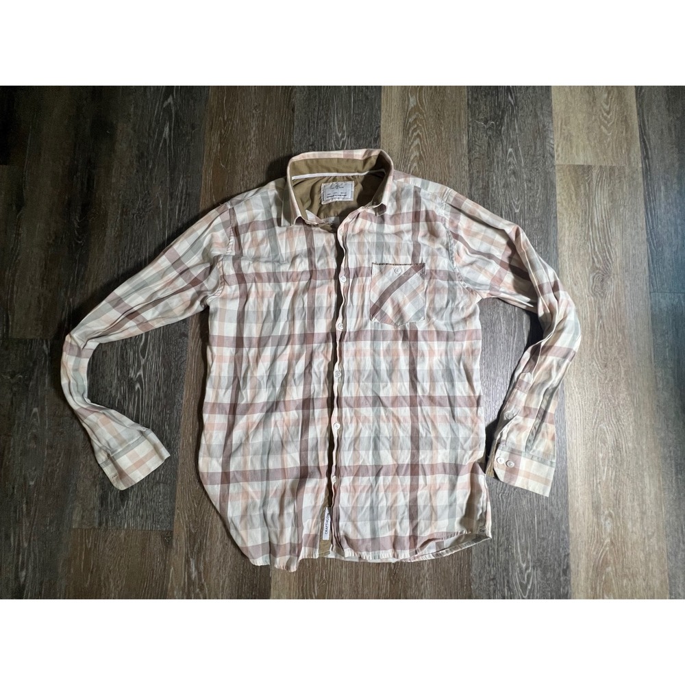 Craft + Flow Button Down Shirt Mens Large Tan‎ Brown Plaid Long Sleeve Pocket